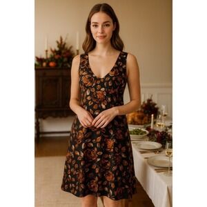 TIBI Floral Silk Dress Roses Retro Black Orange Empire Bodice Party Holidays 2